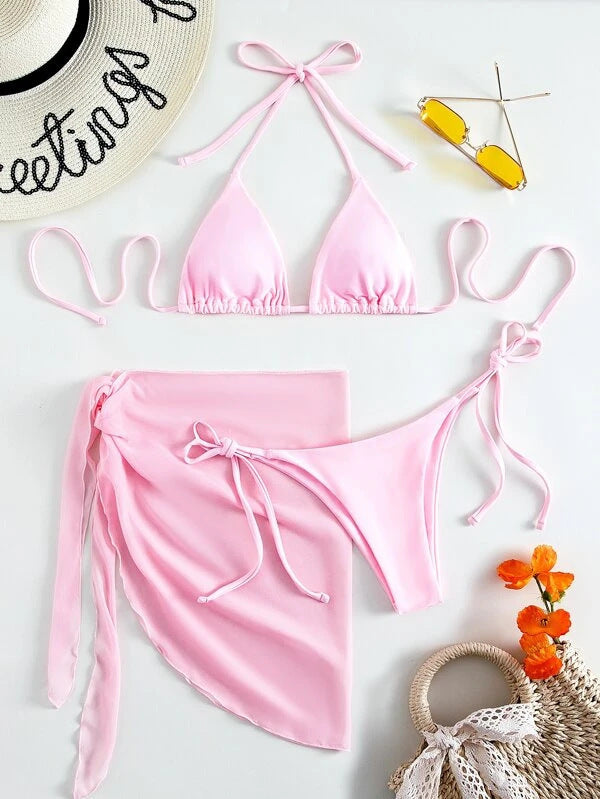 European And American Foreign Trade New Solid Color Triangle Cup Lace-up Bikini Three-piece Set