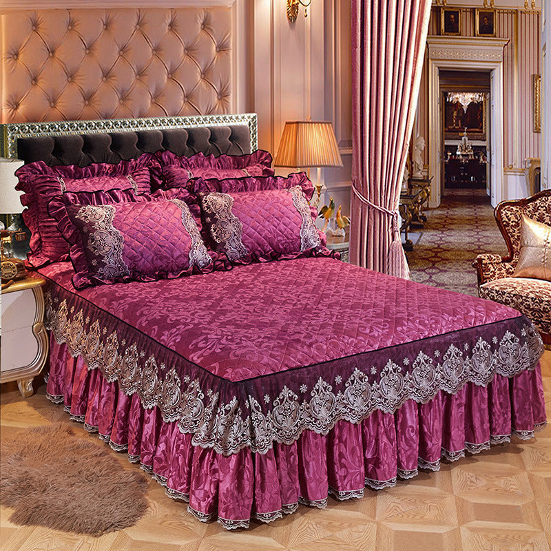Korean Style Velvet Quilted Bed Skirt Solid Color European Style