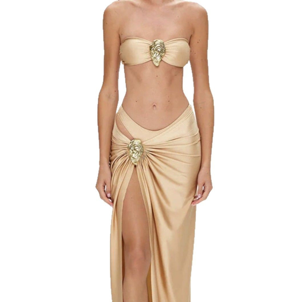 New Advanced Texture Satin Halter Bikini Three-piece Set