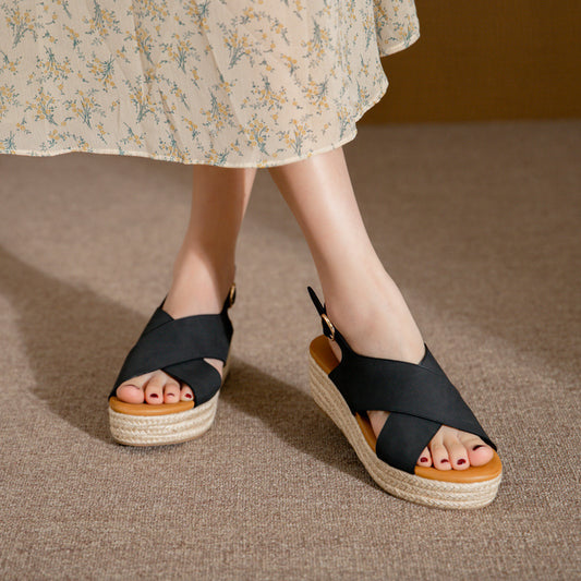 Women's Cross Strap Fish Mouth Wedge Heel Hemp Rope Platform Platform Sandals
