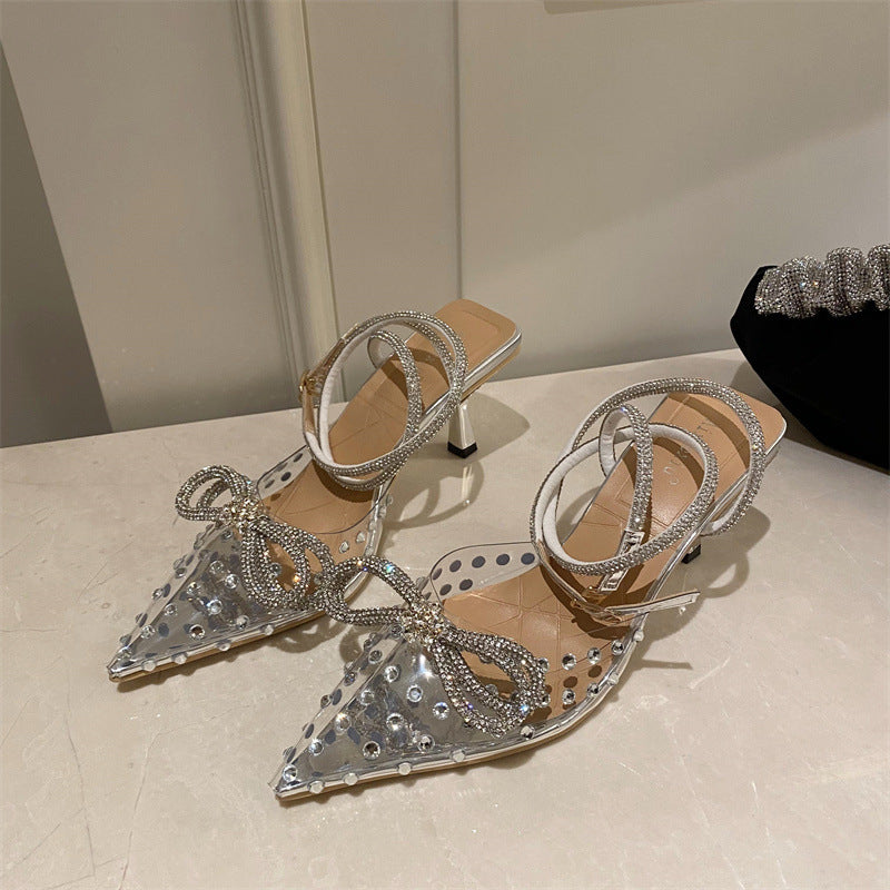 Spring Transparent Pointed Toe Rhinestone Bow High-heeled Sandals