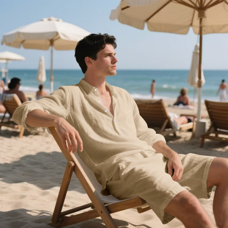 Long Sleeve Shirt Casual Shorts Beach Suit