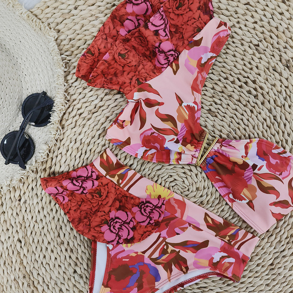 New One-shoulder Ruffled Printed Split Swimsuit Women's Bikini European And American High Waist