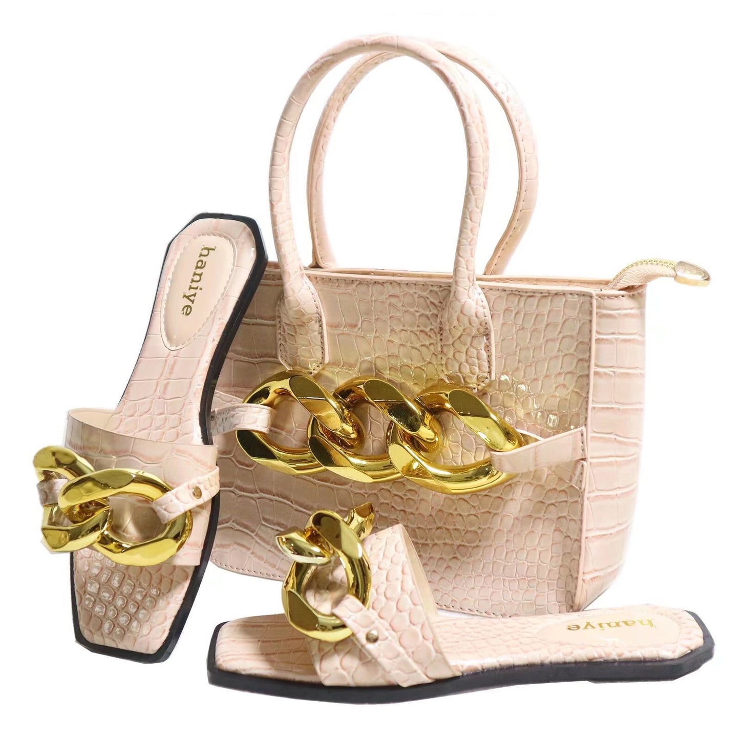 Snakeskin Chain Slippers With Elegant Handbag