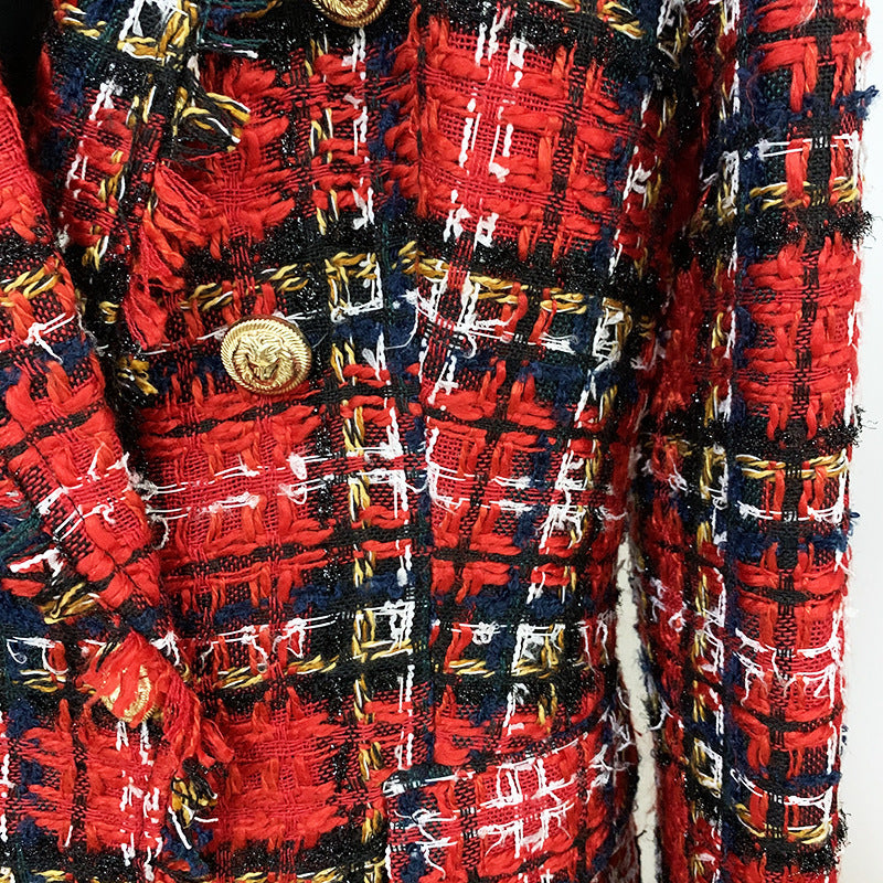 Double-Breasted Tweed Plaid Woolen Fringed Collar Blazer Jacket