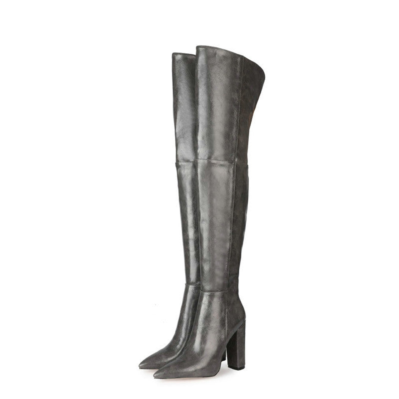 Pointed Side Zipper Thick Heel Over-the-knee Boots Women's Shoes
