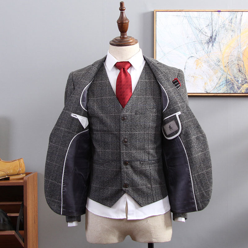 Retro British Suit Men's Three-piece Slim Plaid