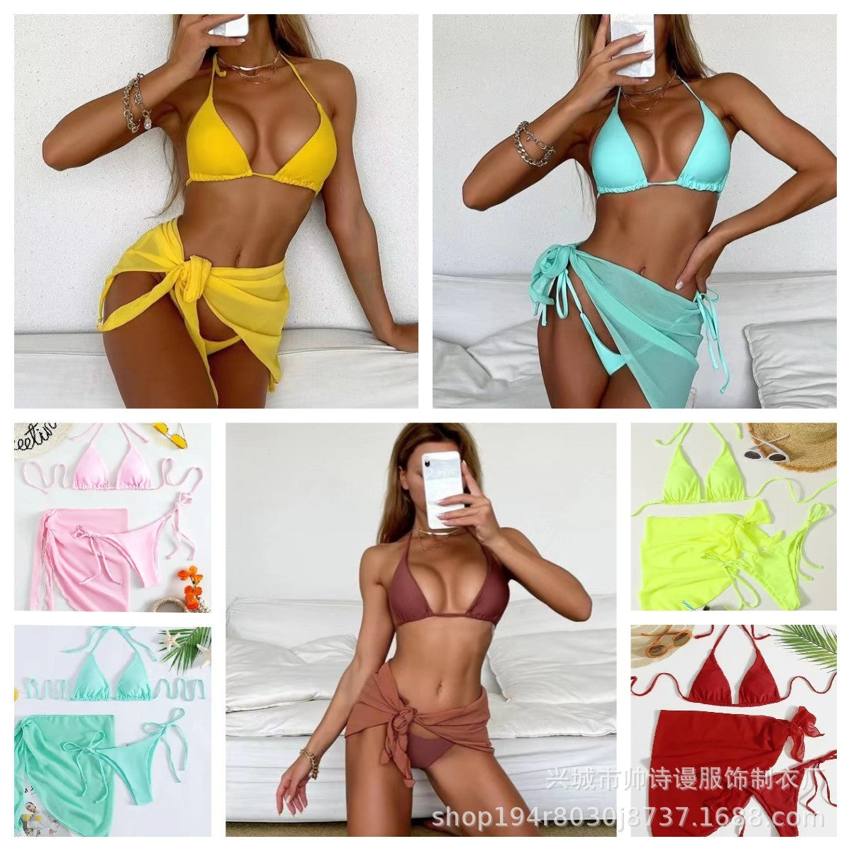 European And American Foreign Trade New Solid Color Triangle Cup Lace-up Bikini Three-piece Set