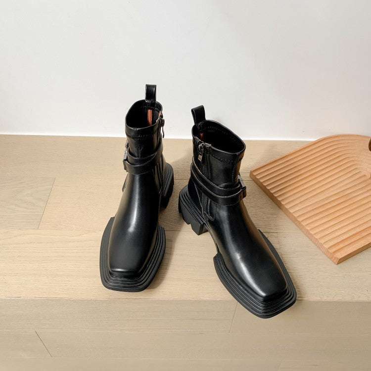 Black Side Zip Platform Buckle Boots