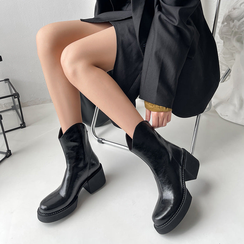 Horse Oil Cowhide Thick-soled Thick High-heel Round-toe Short Boots