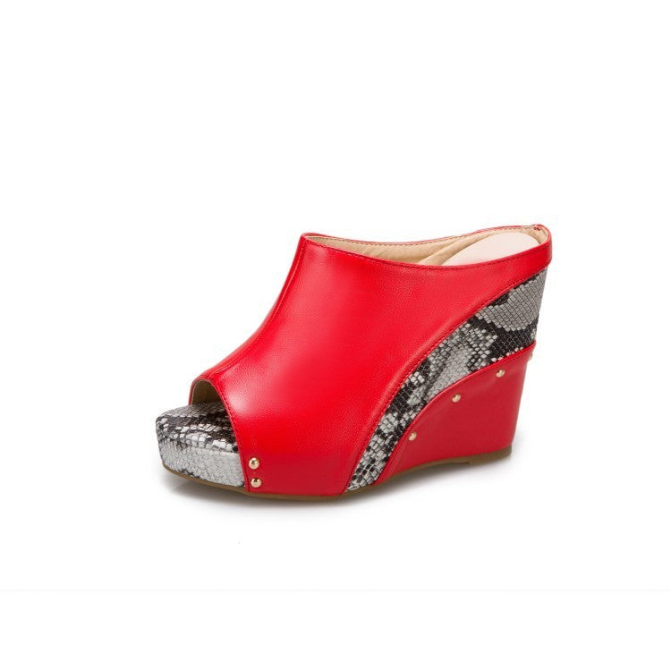 New European And American Windfish Mouth Color-blocking Wedge Heel Large Size Female Sandals