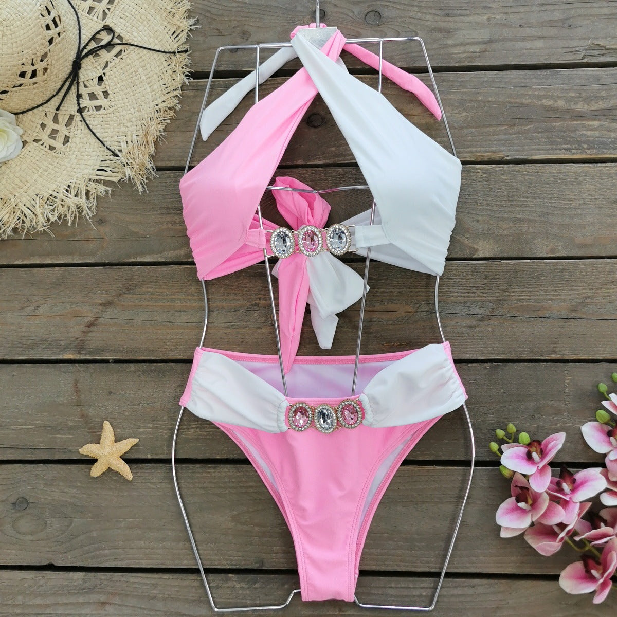 Solid Color Cross Lace-up Cutout Split Swimsuit For Women