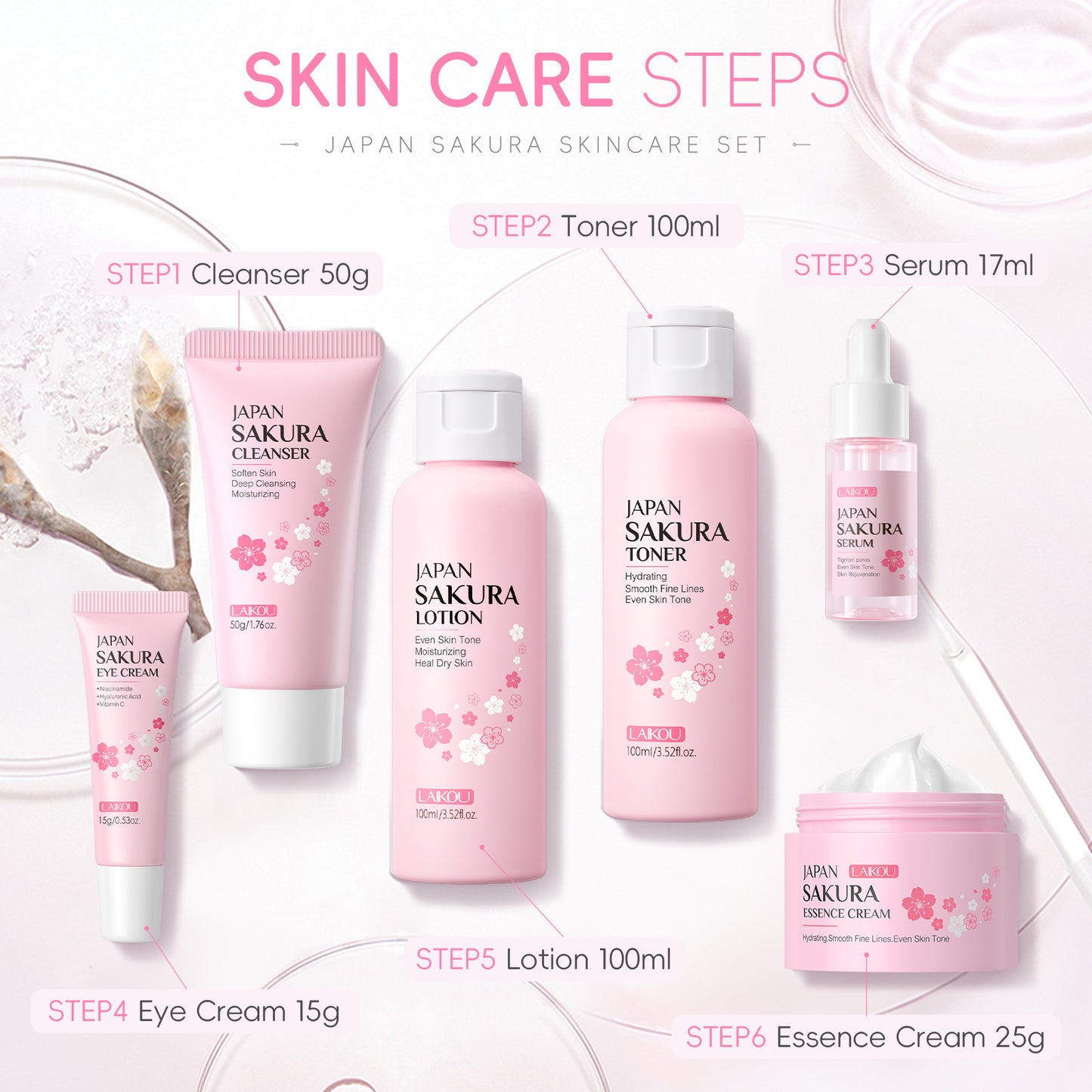 Cherry Blossom Skin Care Set Cleansing And Brightening 6-piece Set