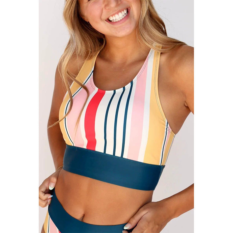Women's Striped Vest With High Waist Swim Trunks Set