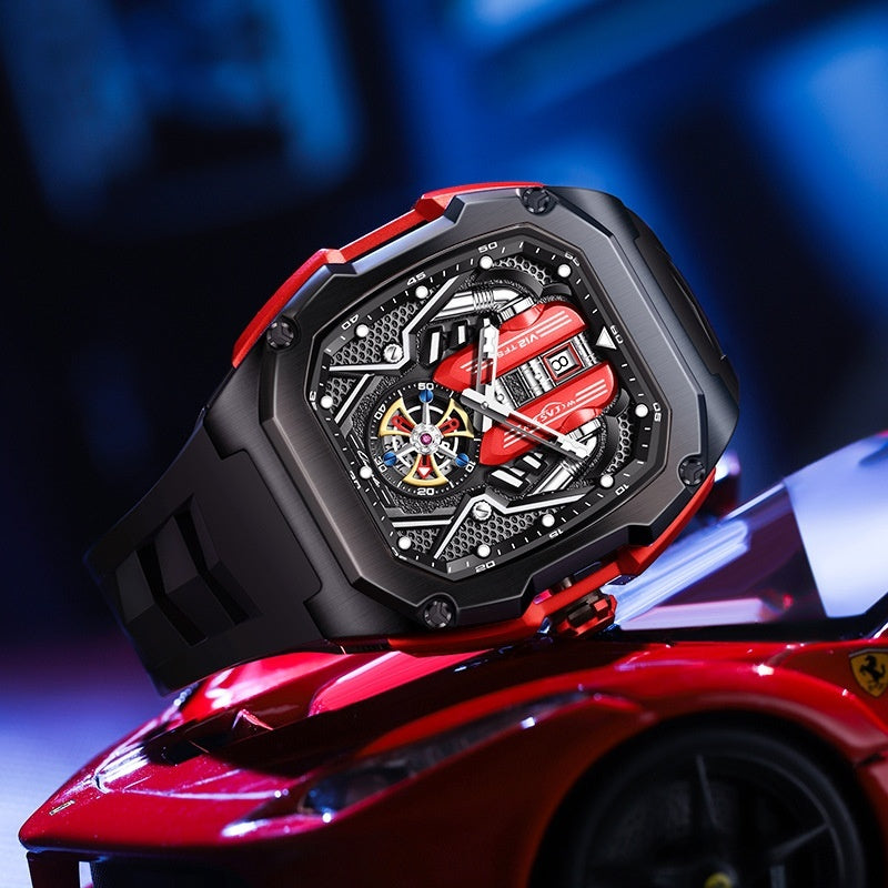 Men's High-grade Tonneau Three-Dimensional Hollow Waterproof Luminous Quartz Watch