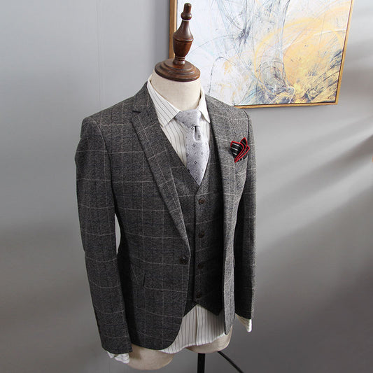 Retro British Suit Men's Three-piece Slim Plaid