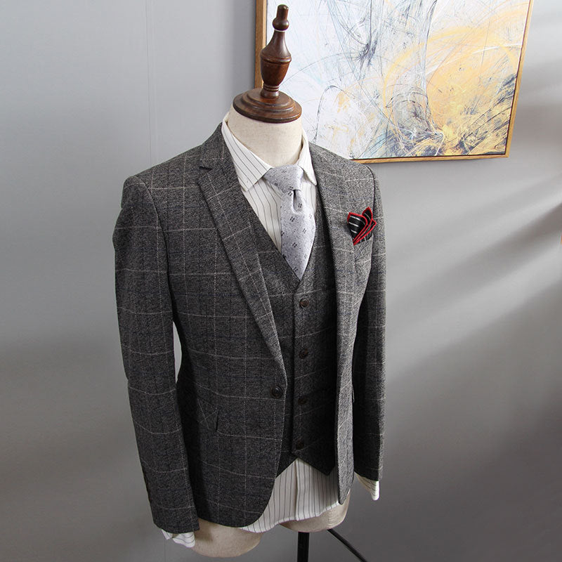 Retro British Suit Men's Three-piece Slim Plaid