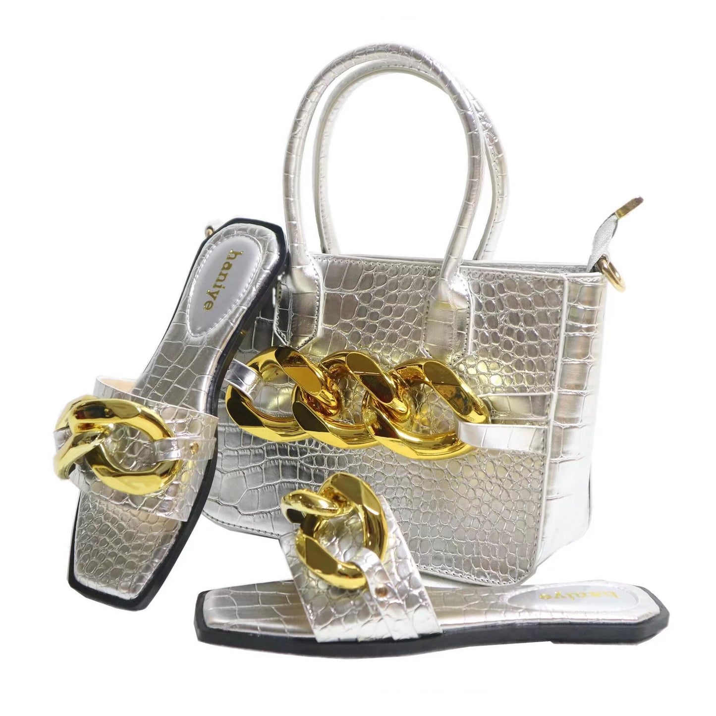 Snakeskin Chain Slippers With Elegant Handbag