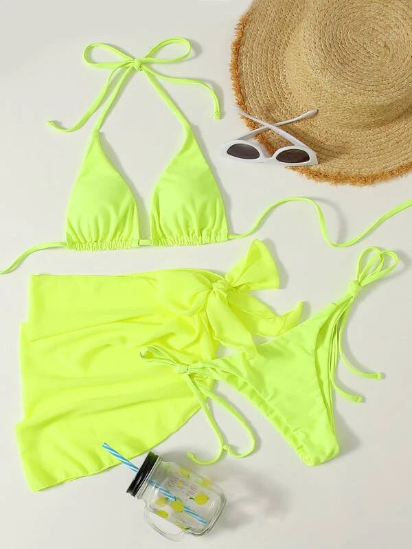 European And American Foreign Trade New Solid Color Triangle Cup Lace-up Bikini Three-piece Set