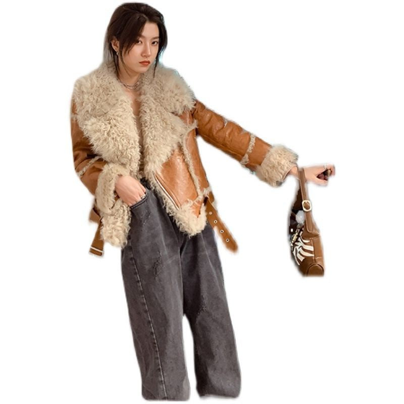 Women's Faux Leather Lamb Roll Fur Coat