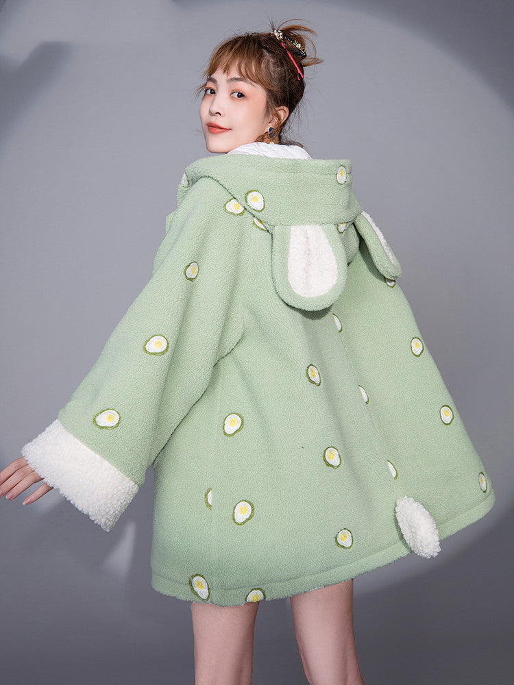 Printed cartoon hooded lamb wool coat