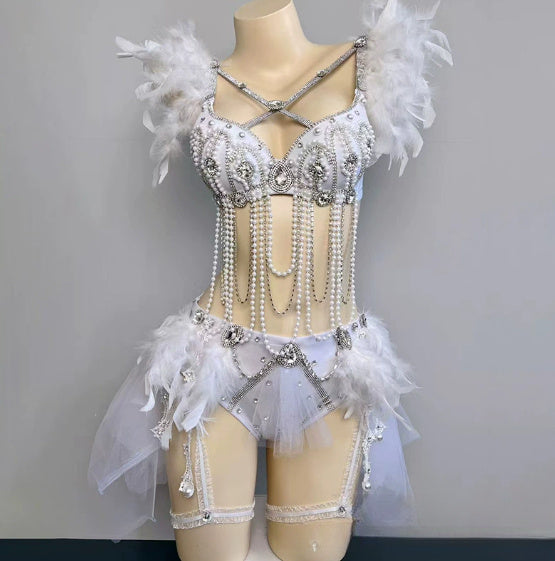 Smokey Blue Shining Chain Vacation Style Bikini Suit