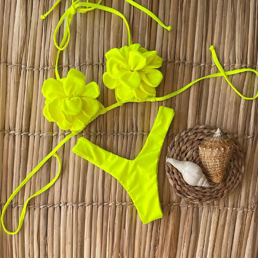 Three-point Three-dimensional 3D Flower Low Waist Bikini Swimsuit