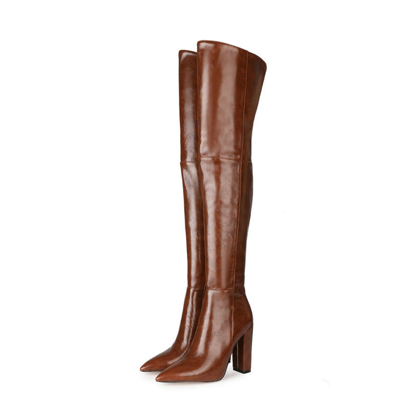 Pointed Side Zipper Thick Heel Over-the-knee Boots Women's Shoes