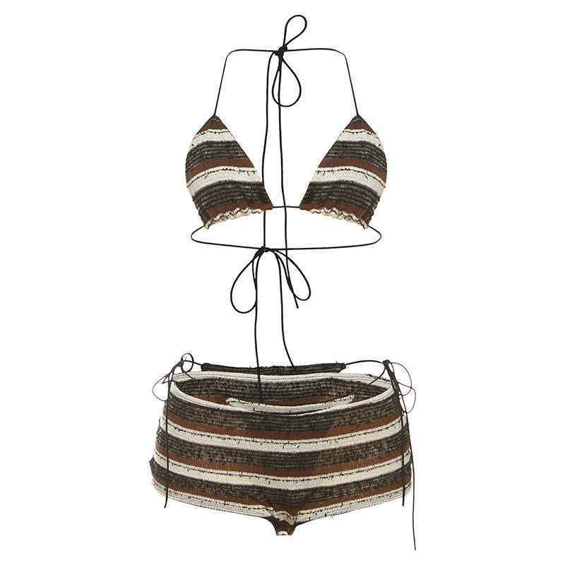Women's Fashion Sexy Halter Lace-up Striped Bikini Three-piece Suit