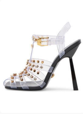 Rhinestone Stud Transparent Roman Fashion Plus Size Heel Sandals