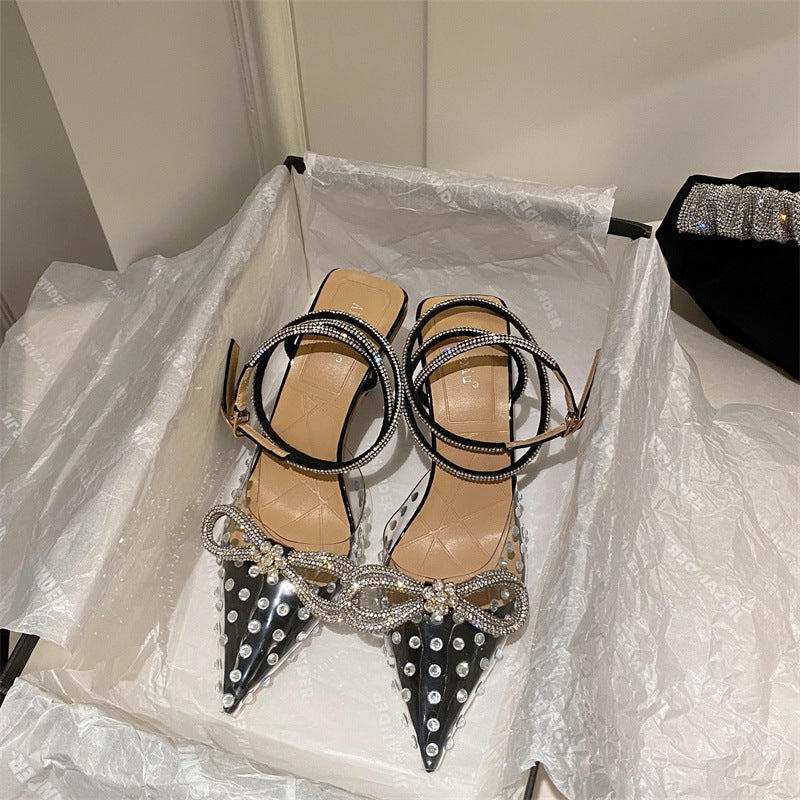 Spring Transparent Pointed Toe Rhinestone Bow High-heeled Sandals