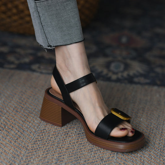 Women's Metal Belt Buckle Flat Sandals