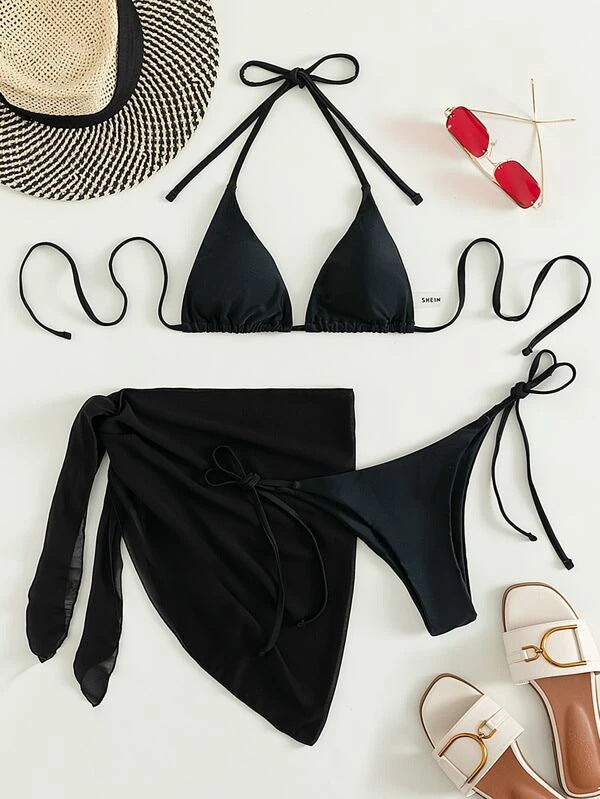 European And American Foreign Trade New Solid Color Triangle Cup Lace-up Bikini Three-piece Set