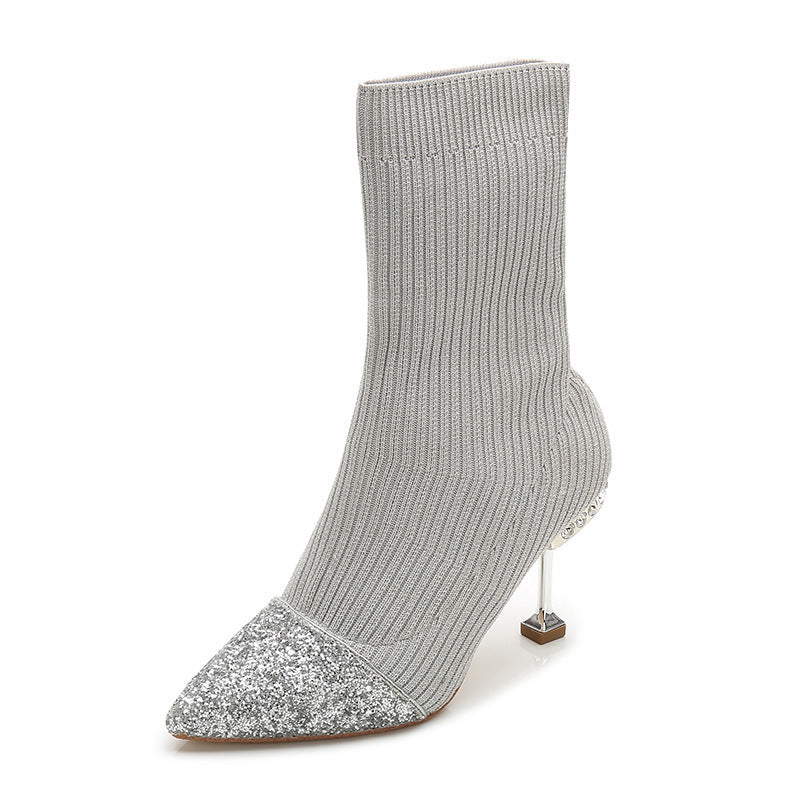 Fashion New Knitted Stitching GREAT Sequined Ankle Boots Autumn And Winter Slimming Knitted Fur Boots Pointed Stiletto Heel Socks Boots