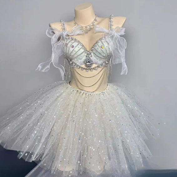 Smokey Blue Shining Chain Vacation Style Bikini Suit