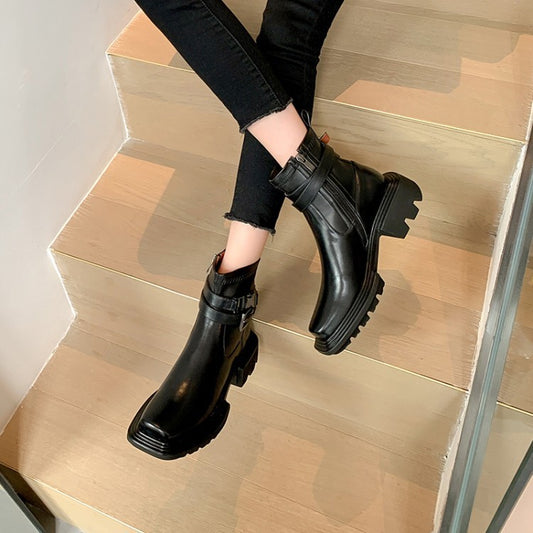 Black Side Zip Platform Buckle Boots