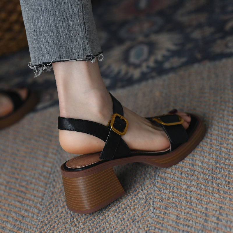 Women's Metal Belt Buckle Flat Sandals