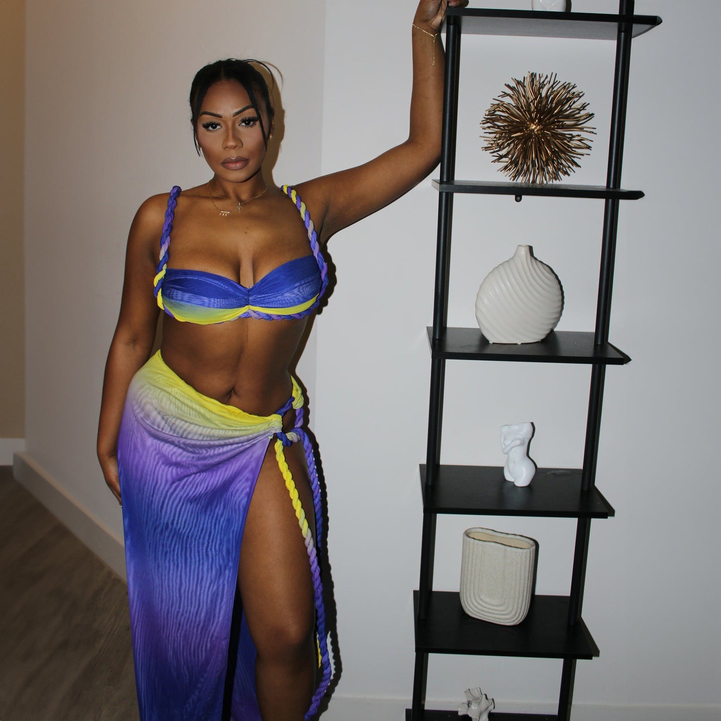 Sexy Fashion Beach Swimsuit Woven Halter Top Top Split Skirt Suit