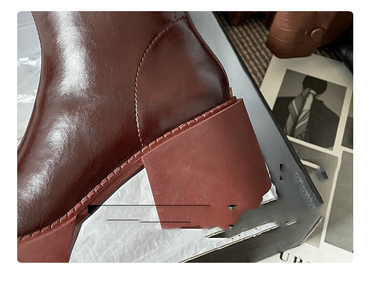 Horse Oil Cowhide Thick-soled Thick High-heel Round-toe Short Boots