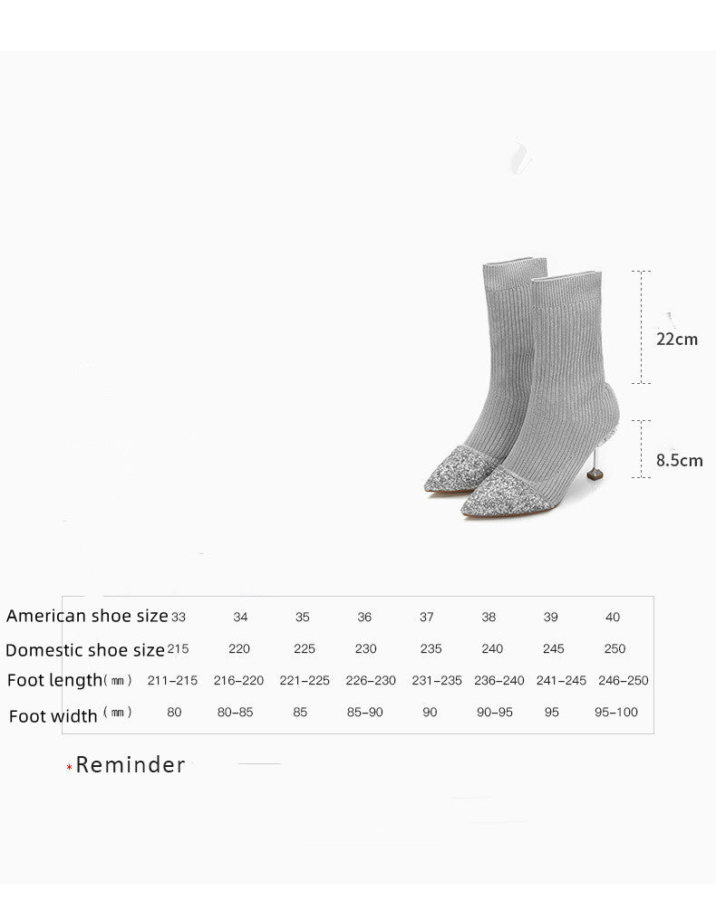 Fashion New Knitted Stitching GREAT Sequined Ankle Boots Autumn And Winter Slimming Knitted Fur Boots Pointed Stiletto Heel Socks Boots