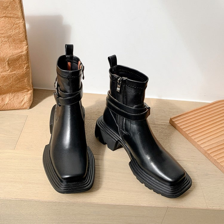 Black Side Zip Platform Buckle Boots