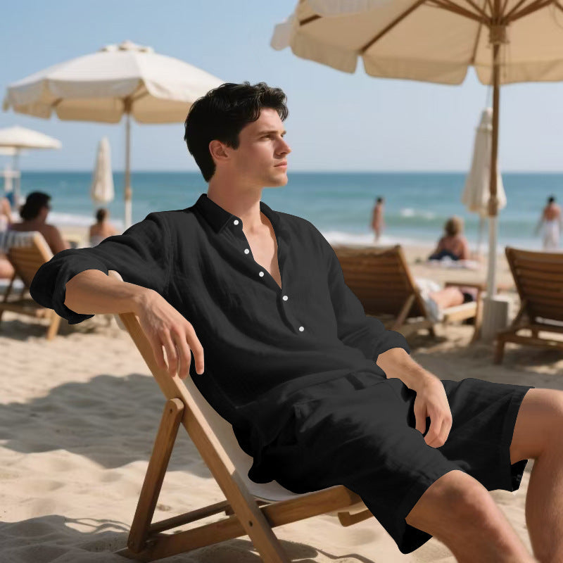 Long Sleeve Shirt Casual Shorts Beach Suit