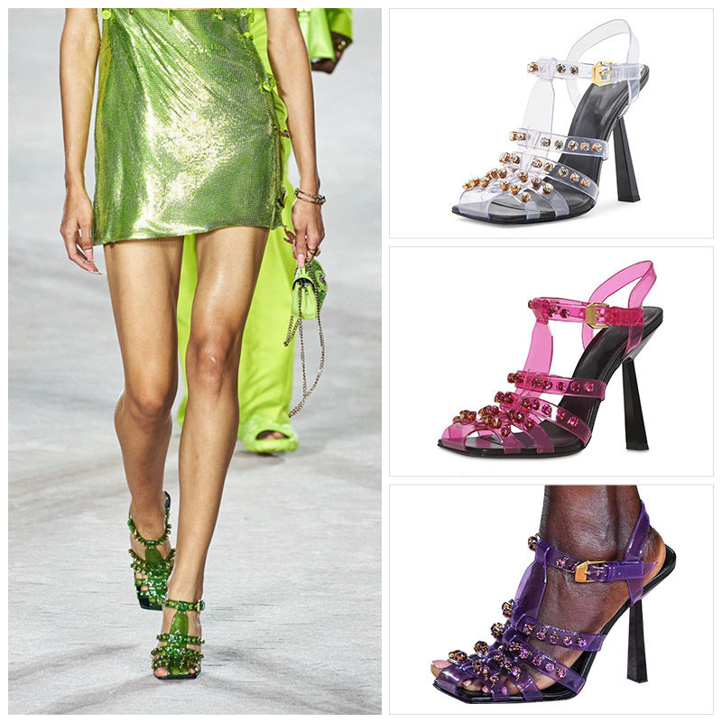 Rhinestone Stud Transparent Roman Fashion Plus Size Heel Sandals