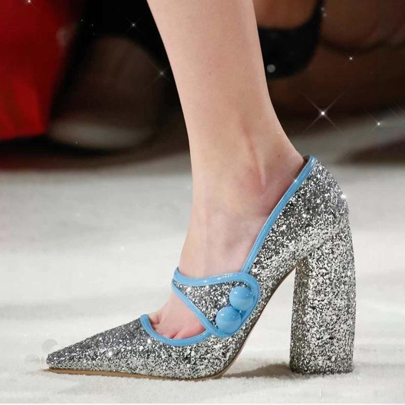 Women's Catwalk Style French Pointed Toe Silver Sequined High Heels
