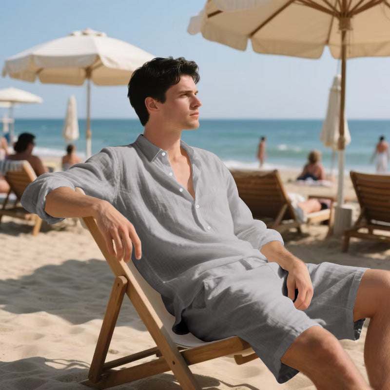 Long Sleeve Shirt Casual Shorts Beach Suit