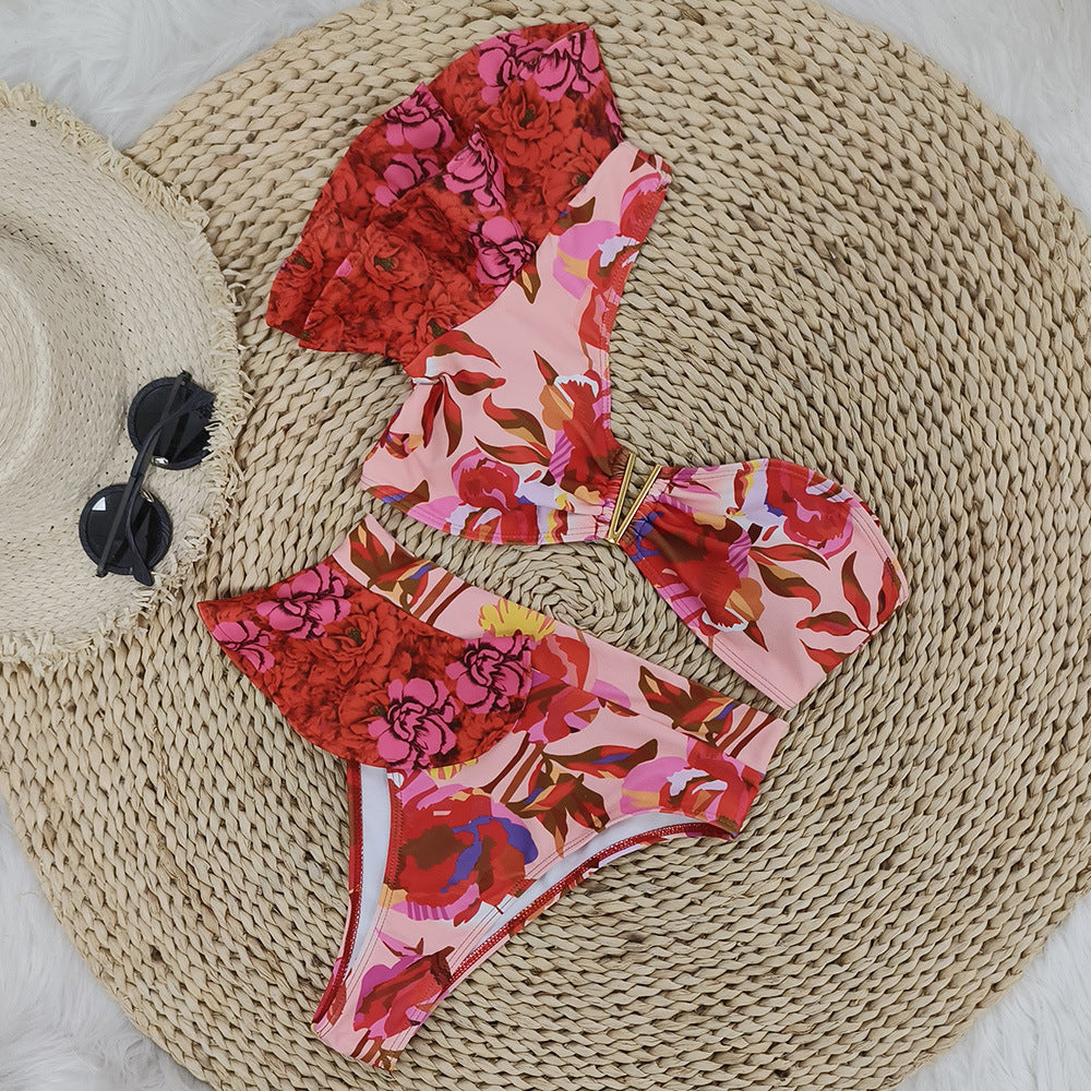 New One-shoulder Ruffled Printed Split Swimsuit Women's Bikini European And American High Waist