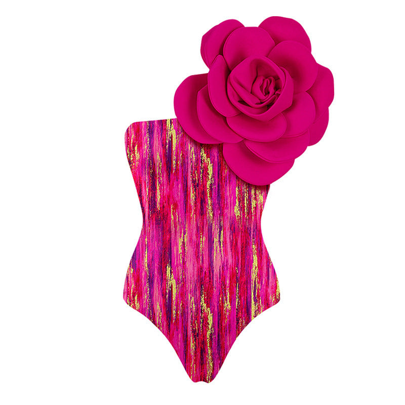 Women's Printed Three-dimensional Large Flower One-shoulder Swimsuit