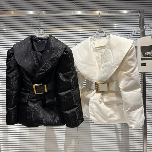 Lotus Leaf Bright Metal Belt Waist Warm Cotton-padded Jacket