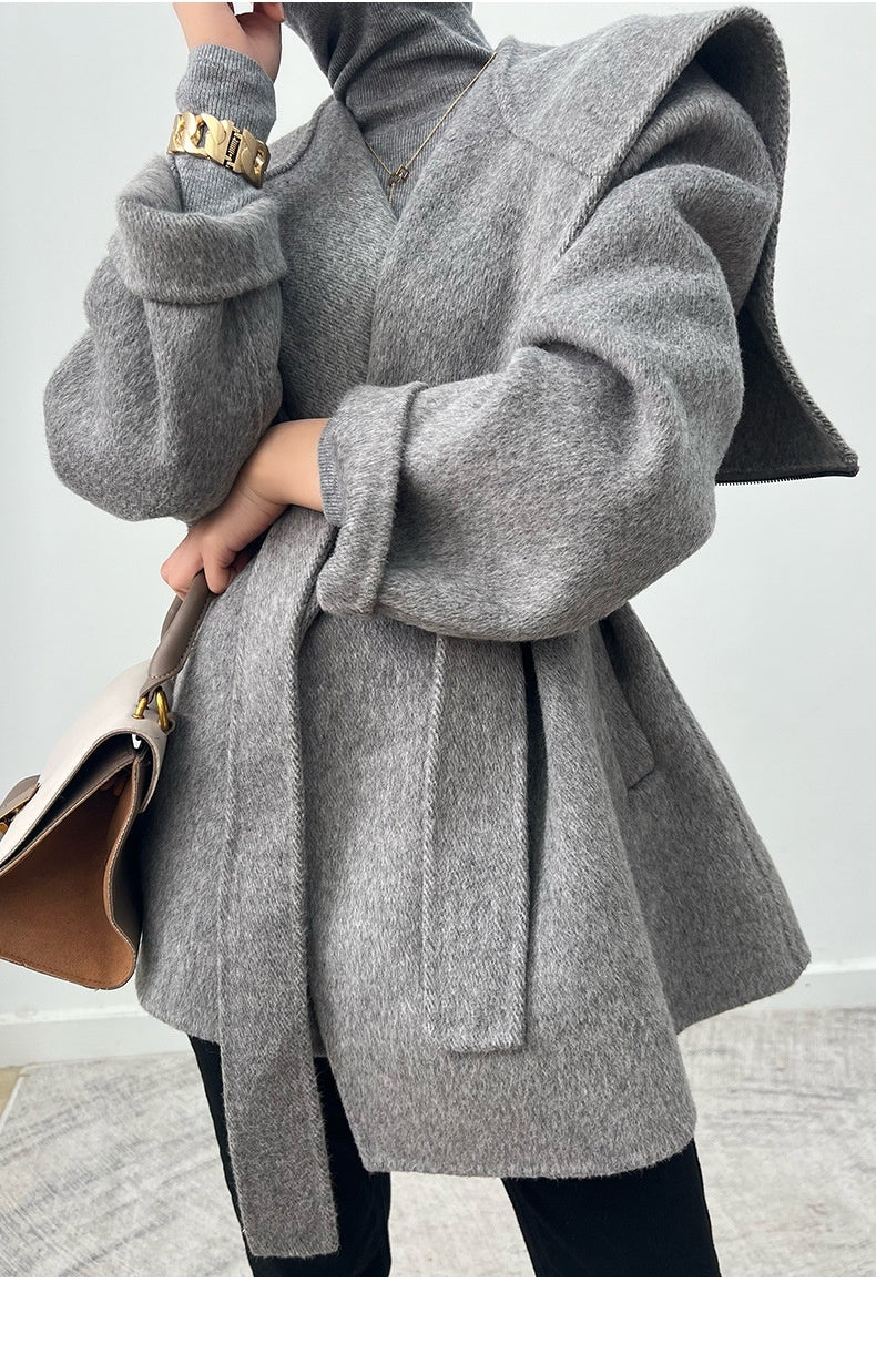 Thickened Alpaca Fleecefiber Coat Small Cape Woolen Coat Women's Short Hood Lace-up Loose Double-sided