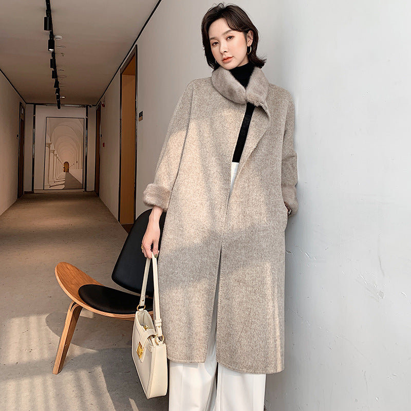 Mink Fur Lace Up Slim Fit Wool Overcoat